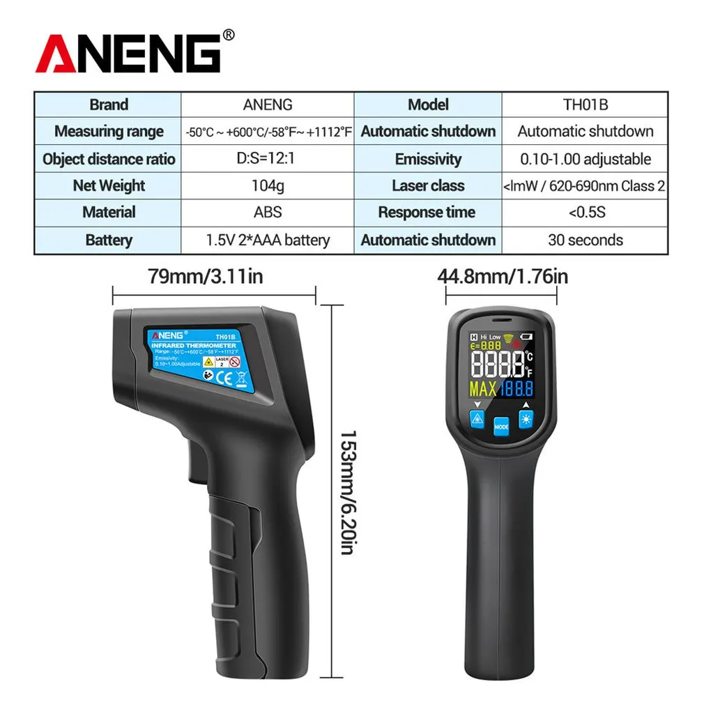 

Aneng Th01b Infrared Thermometer No Contact Handheld Lcd Screen Digital Hygrometer Convenient Thermodetector