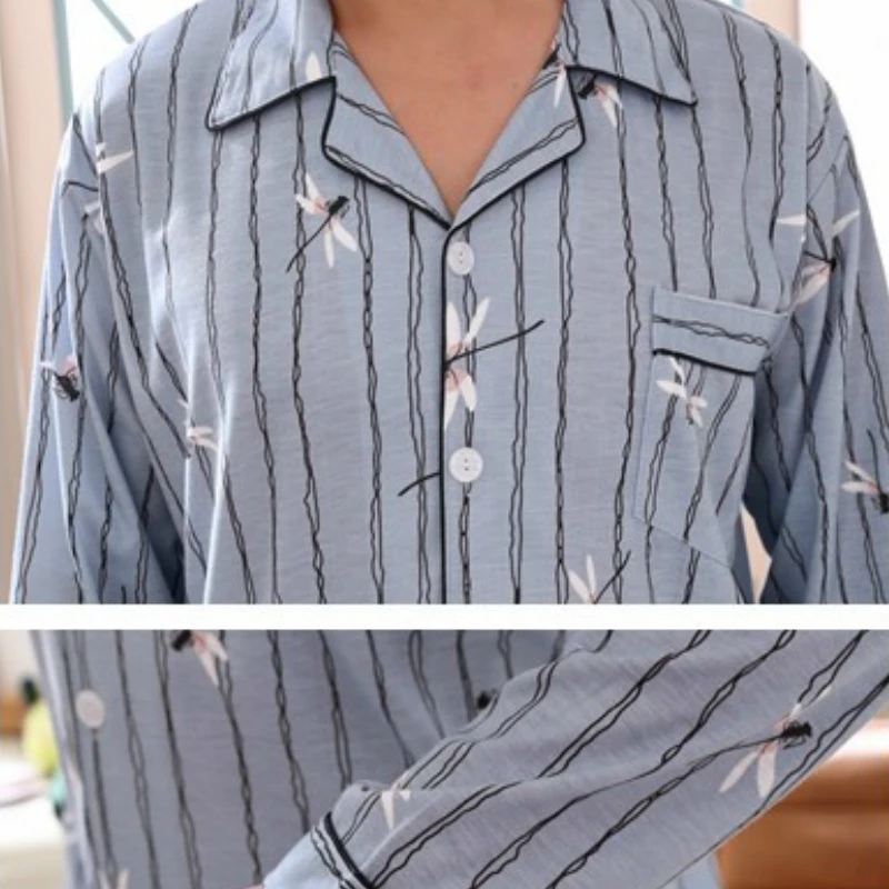 

Pajama Sets Men Long Sleeve Printed Turn-down Collar Button Elastic Waist Sleepwear Male Trendy Soft Loose Ulzzang Home Clothes