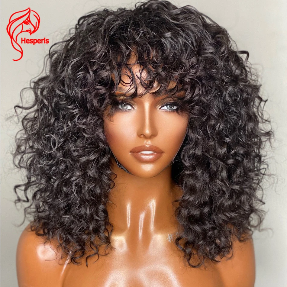 Online Hespermis Jerry Wig Rambut Manusia Keriting Dengan Poni Penuh Mesin Dibuat Wig Kulit Kepala Atas Untuk Wanita Peru Remy 200 Kepadatan