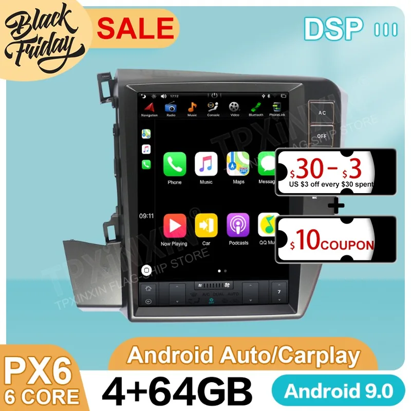 

Android 9.0 4G+64GB Tesla Style For Honda Civic 2012 2015 Car GPS Navigation Auto Radio Stereo Video Multimedia Player Head Unit