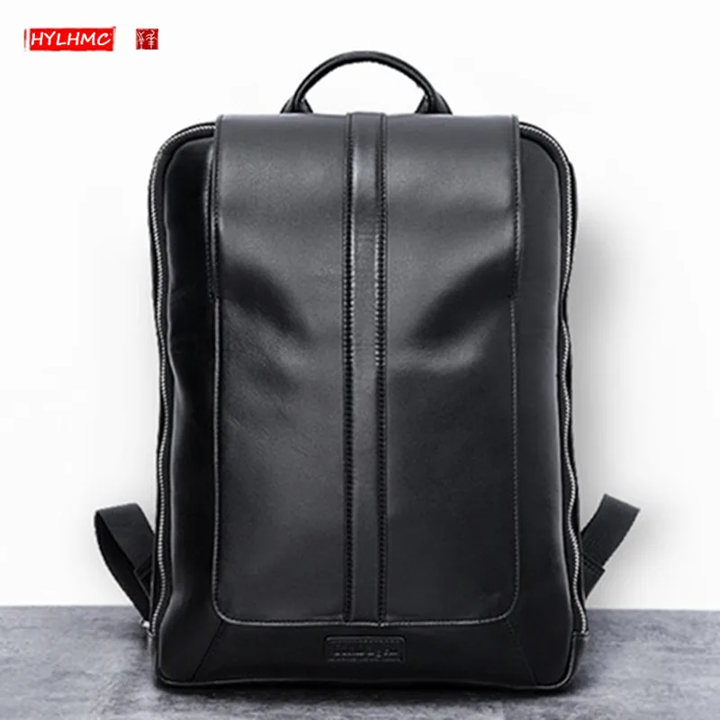 

HANSOMFY Genuine Leather Men's Backpack large capacity Travel Backpacks Business Casual 14 inch laptop Bag Young Men Simple Fash