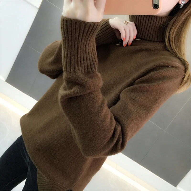 Пуловер женский теплый однотонный свободный в Корейском стиле с длинными