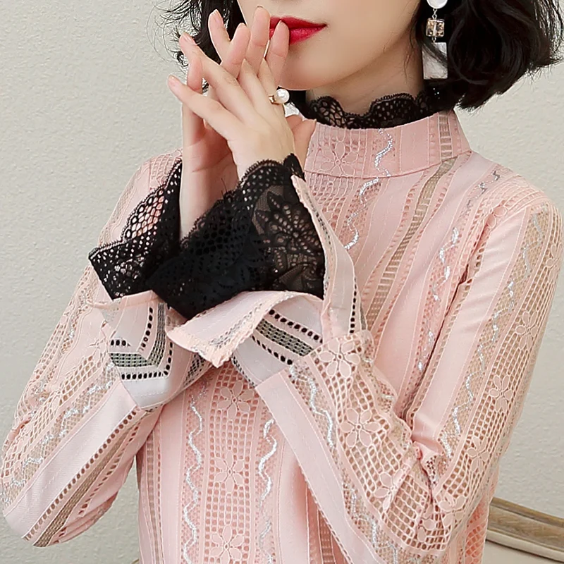 Женские рубашки Однотонные блузки женские кружевные с длинным рукавом blusas mujer de
