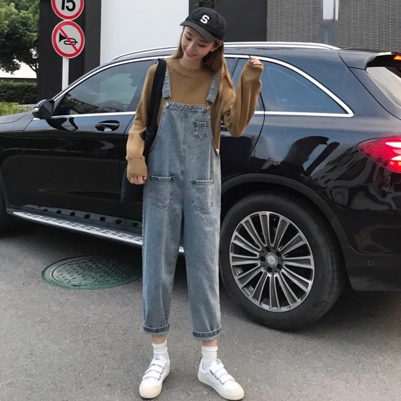 

Women's denim Jumpsuits Loose Solid Color Thin high Waist All-Match Straight Preppy Style Summer Pocket Woman Denim Overalls
