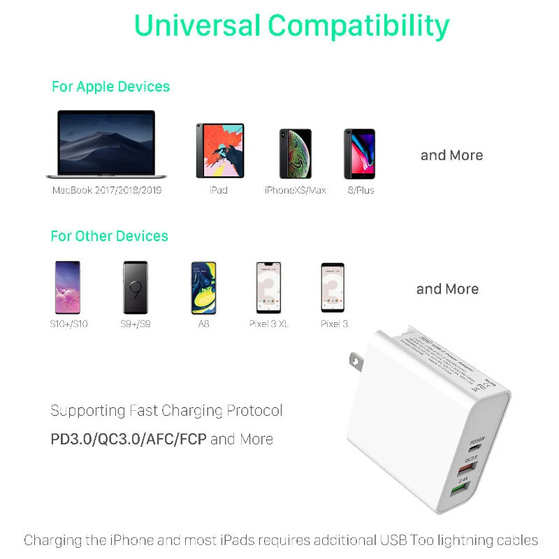 

Multi-port 60W USB C Charger Type-c PD 30W+QC3.0 18W+USB 12W Fast Charger For Huawei iPad Pro iPhone 11/x Samsung s9/s10/note9