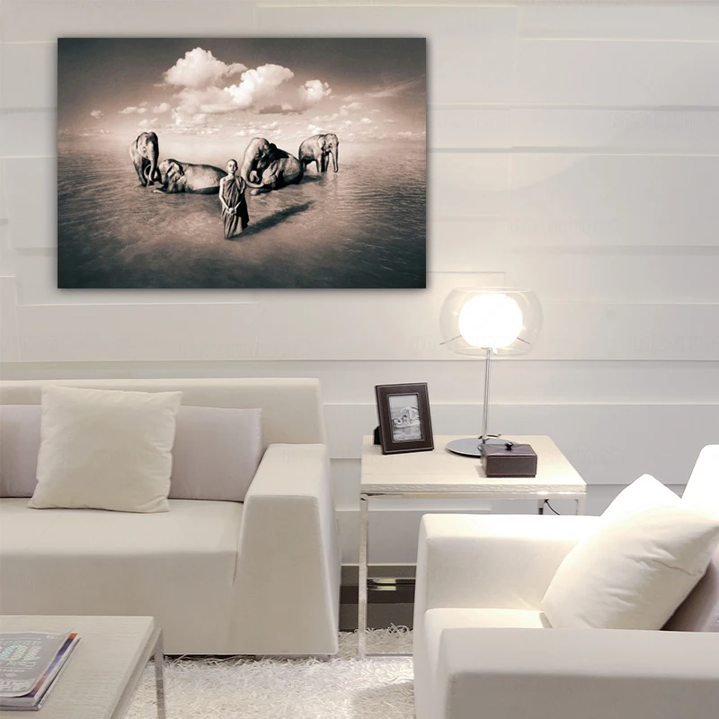 Будда человек и нутива Зен слон религия искусство холст живопись Настенная