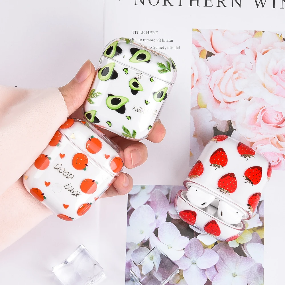 

Hard PC Transparent Earphone Cases For AirPods 1 2 Charging Box Cute Cartoon Fruit flower Cover Bag For Airpods Protective Shell