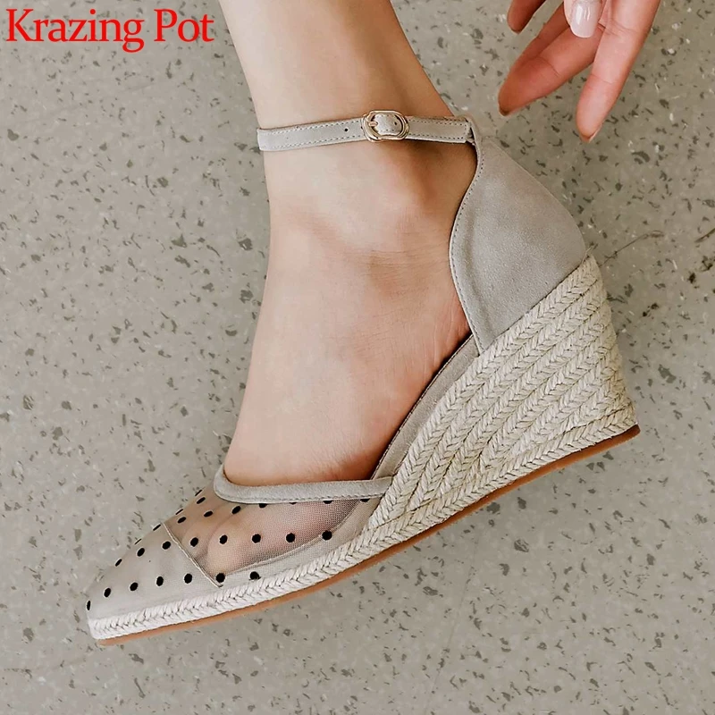 

Krazing pot 2022 vintage kid suede air mesh polka dot sandals pointed toe high heel straw wedges buckle strap shoes women L37