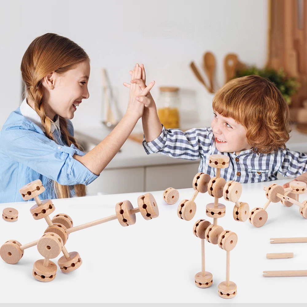 

Kids Toys Assembled Wood Boys Tent Castle Building Blocks Montessori Wooden DIY Game Educational Toys 4D Construction Set