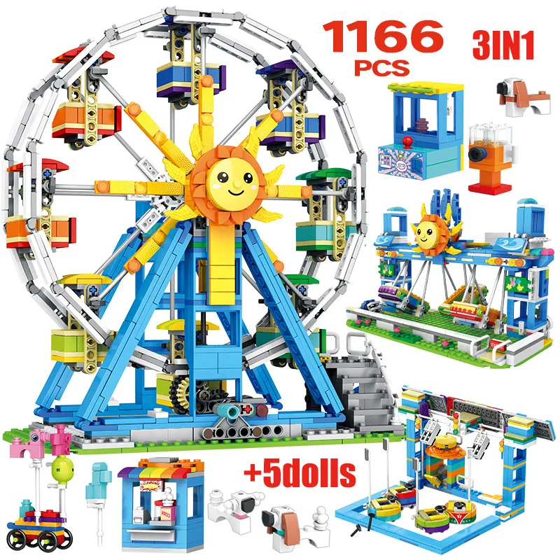 

1166pcs City Street View 1 Change 3 Happy Ferris Wheel Building Blocks Friends Sunflower Trolley Car Figures Bricks Toys For Kid