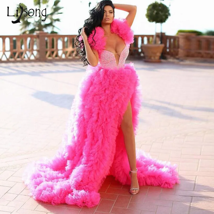 

Sexy Puffy Tulle Women Prom Dresses Long Train High Split Chic Party Night Gowns Ruffled Tulle Photography Dress robe de soirée