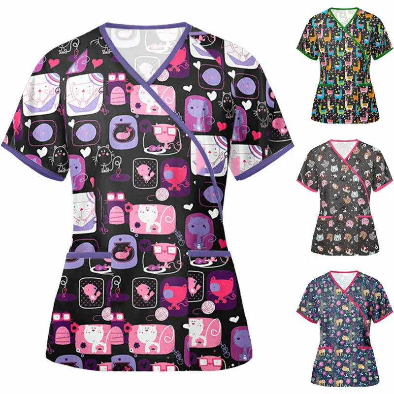 

Work Wear Uniform Women's T Shirt Nursing Top Animal Print Casual TShirt Short Sleeves Blouse Women Work Uniform Tops