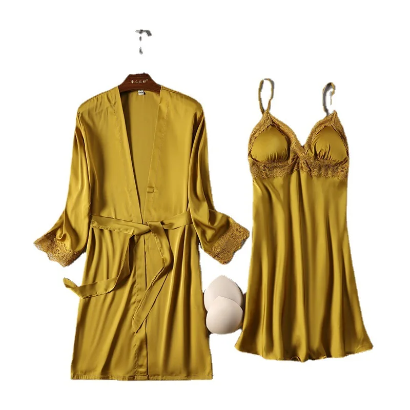 

Women Suspender Nightdress Suit Loose Sleepwear Kimono Bathrobe Casual Spring Summer New Sexy Wedding Robe Silky Satin Home Wear