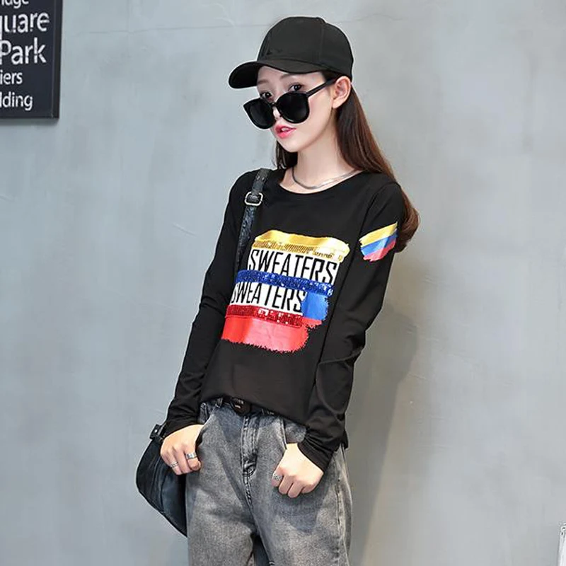 

Women T-shirt Long-Sleeve 2021 New Arrival Spring And Autumn Cotton Letter Female T-shirt Black White Korean Style c19