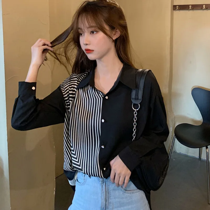 

Women's Striped Patchwork Irregular Loose Leisure Long Sleeve Blouse Shirts