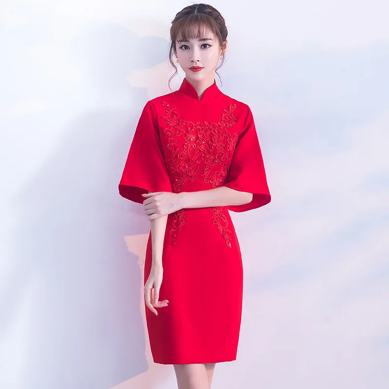 Для женщин красного цвета для невесты Cheongsam вечерние свадебное платье Qipao модный