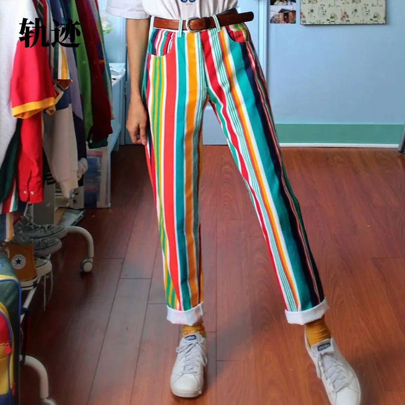

Casual Pants Women Autumn Rainbow Stripes Trousers Womens 2021 Simple Chic Office Lady All-match Pants