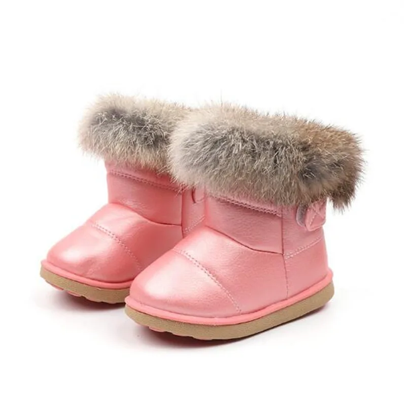 pink Детские резиновые сапоги; зимние кожаные водонепроницаемые сапоги на мягкой подошве; модные зимние сапоги для девочек; Черные ботильоны на толстом меху - Цвет: pink