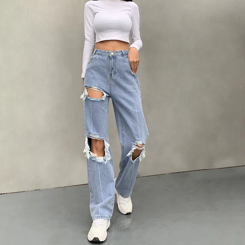 

2021 Fall Women Fashion High Waist Zipper Jeans Pants Straight Skinny Trousers Streetwear Ripper Hole Casual Jeans Pants Female