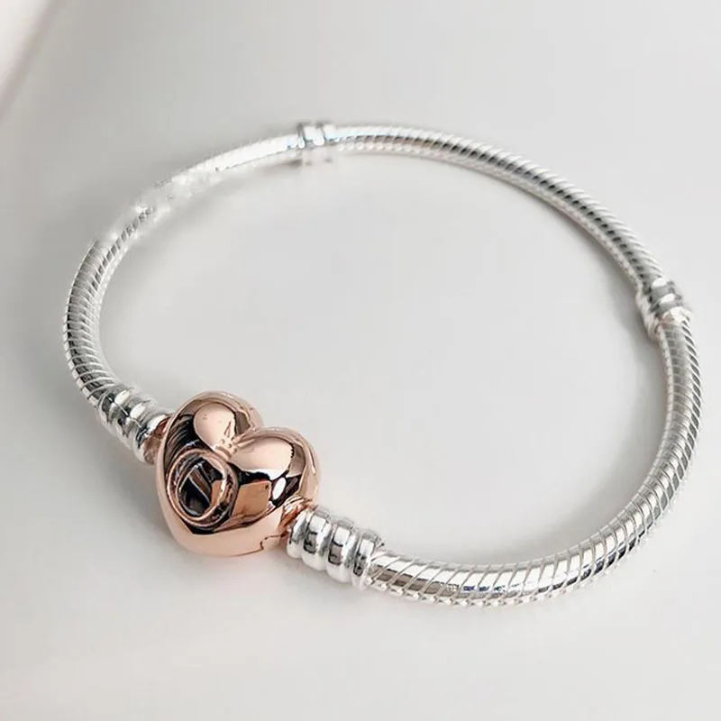 

Authentic 925 Sterling Silver Pan Bracelet Rose Gold Heart Shaped Snake Bone Diy Bracelet Fit Charm Women Jewelry