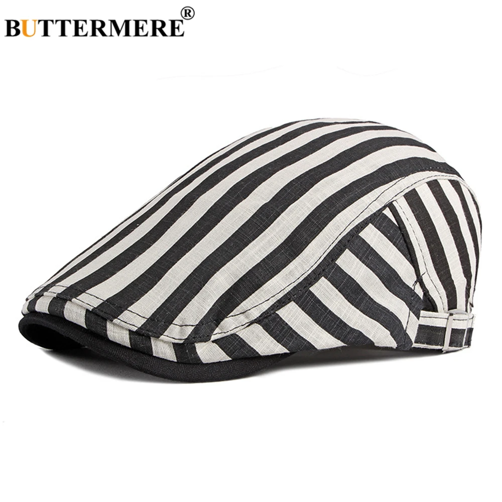 BUTTERMERE 100% Cotton Black White Striped Mens Berets Cabbie Vintage Flat Caps for Men Spring Summer Artist Hat