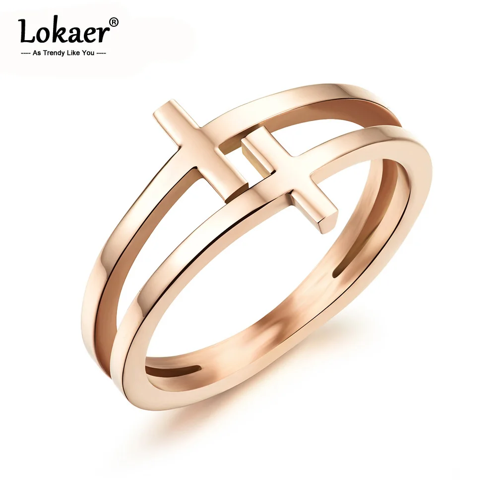 Женские кольца на палец Lokaer двойной слой с крестом цвета розового золота модные