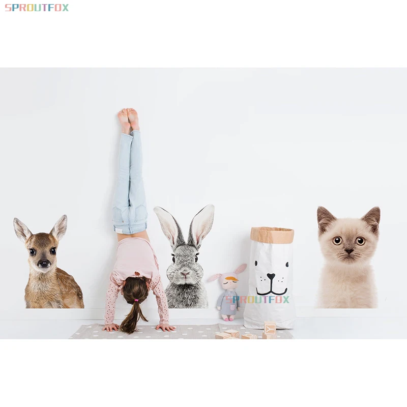 Мультяшные милые наклейки на стену с животными девочка кролик олень Лев собака