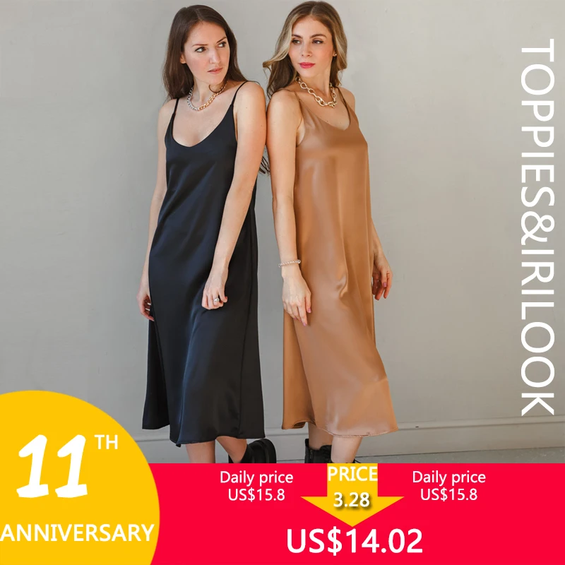 

Toppies 2021 Women Satin Dress Party Luxury Shiny Sundress Sexy Imitation Silk Fashion Ladies Dress