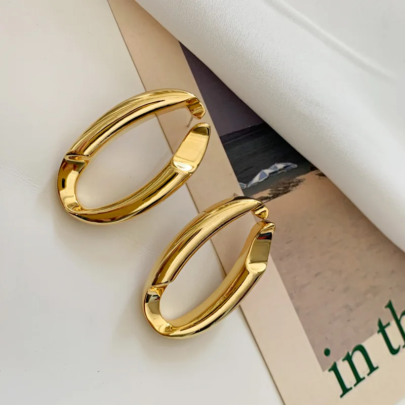 

HANGZHI 2020 New Simple Personality Oval Texture Glossy Metal Big Hoop Earring For Women Girls Party Jewelry
