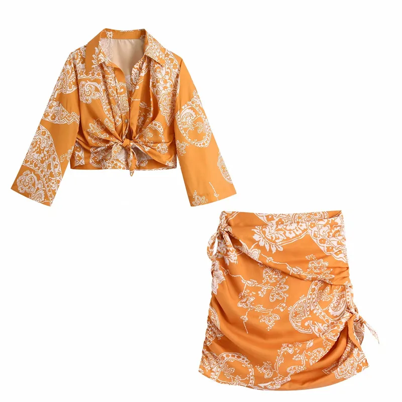 

Za 2021 Print Mini Skirts Woman Pleated High Waist Skirt Female Knot Vintage Summer Skirt Ruched Beach Short Skirts Suit BBWM