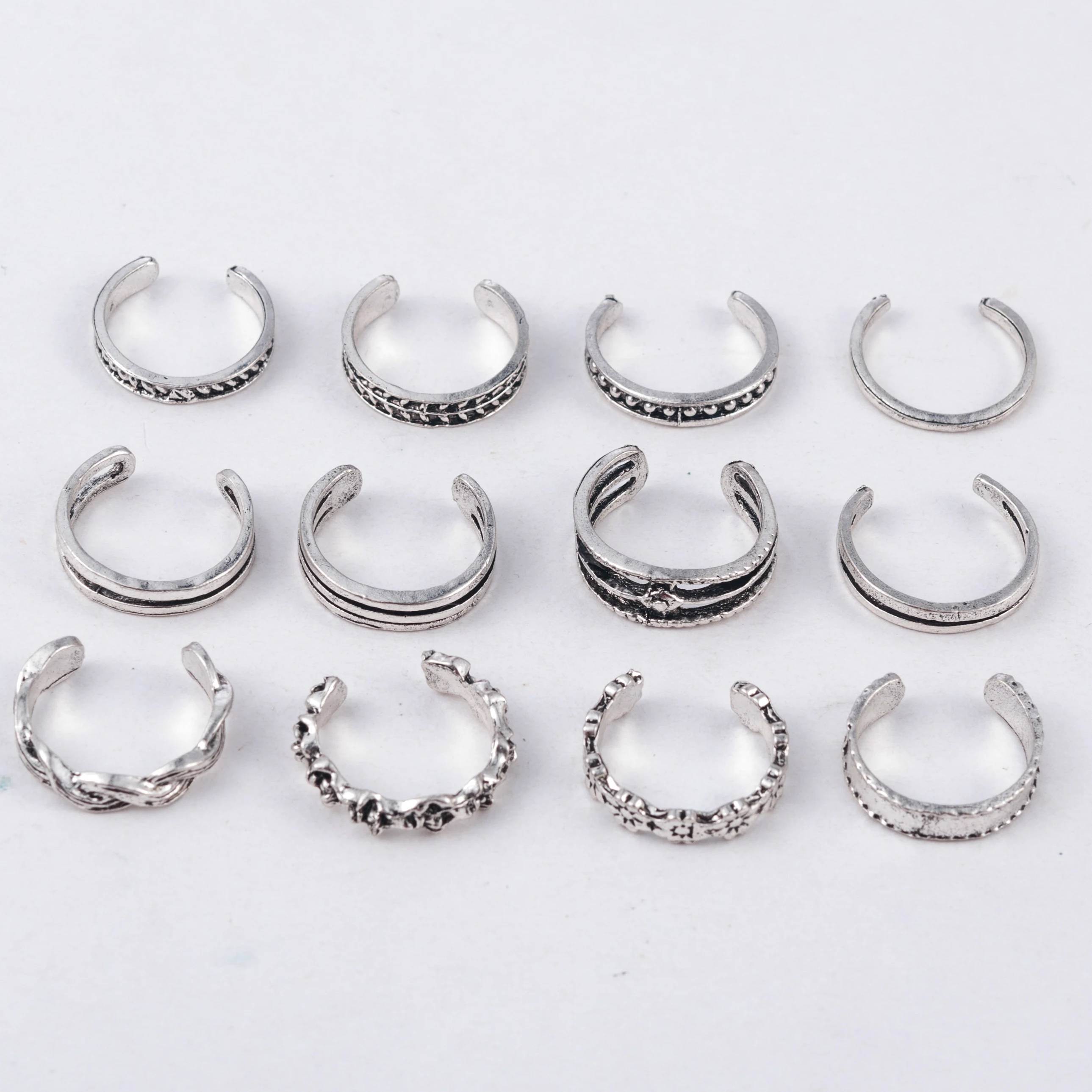 

12PCs/set Women Lady Unique Adjustable Opening Finger Ring Retro Carved Toe Ring Foot Beach Foot Jewelry