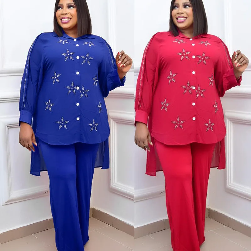 

Office Lady Sequins Two Piece Set Solid Tracksuit Women 2021 Autumn Long Sleeve Blouse and Jumpsuits Suits Overalls