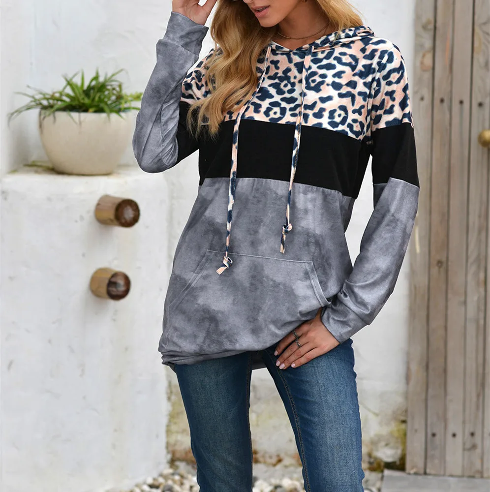 

Women Hooded Sweatshirt Leopard Patchwork Hoodies Pocket Pullovers Autumn Long Sleeve Casual Hoody Top Women Sweatshirt Hoodies