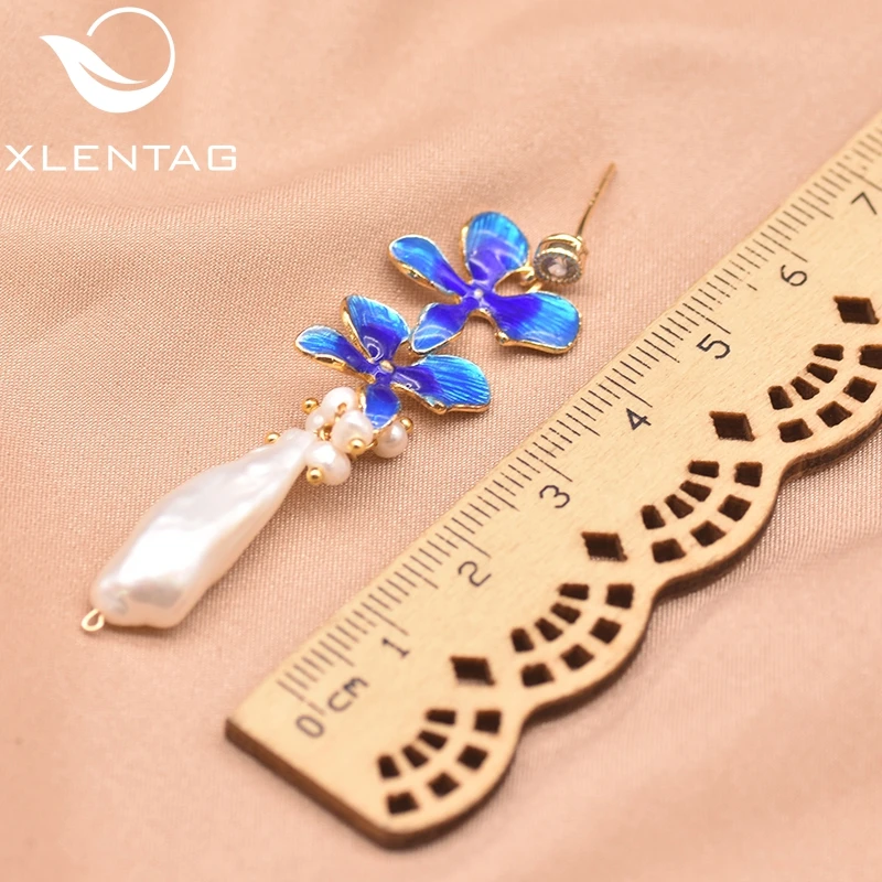 

XlenAg New Natural Handmade Baroque Freshwater Pearl Drop Earrings Blue Flower Women Girl Fine Fashion Jewelry Party gift GE0978