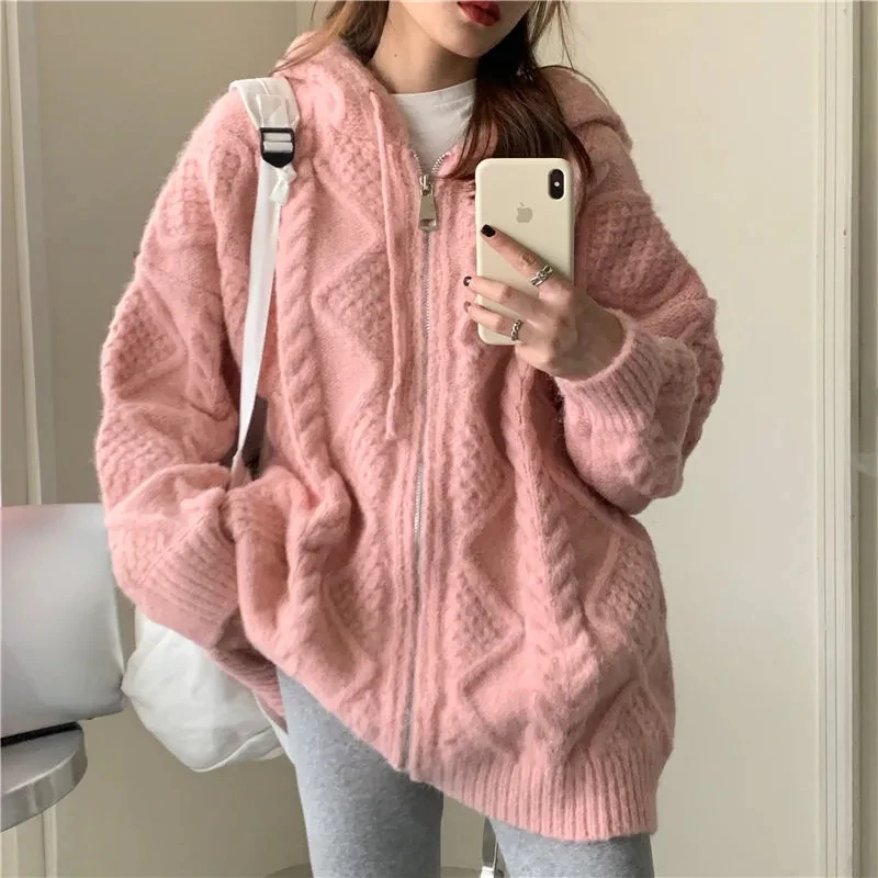 

Korean Fashion Twisted Hooded Sweater Jacket Women Autumn And Winter Retro Loose Casual Outer Wear Thick Zipper Knitted Cardigan