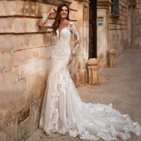 romantic lace mermaid wedding dress illusion bridal gown long sleeves appliques court train bride dresses 2022