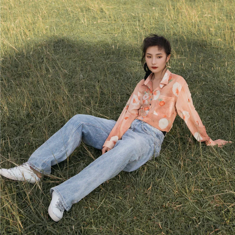 

LANMREM Women Printing Big Size Blouse Lapel Long Sleeve Loose Fit Lady Shirt Fashion Tide Summer 2021 New Arrivals 2E1850