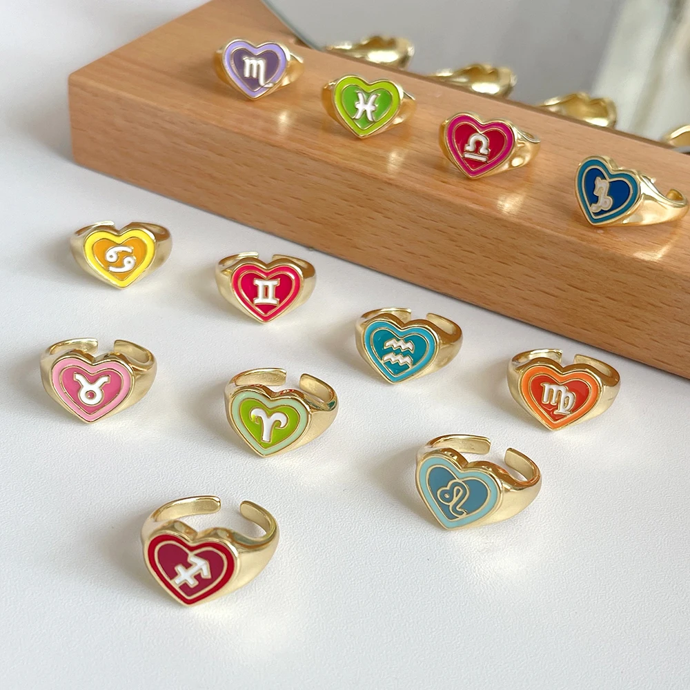 

Drop Glue Color Heart 12 Zodiac Constellation Rings for Women Drop Oil Adjustable Ring Jewelry Charms Anillos Mujer