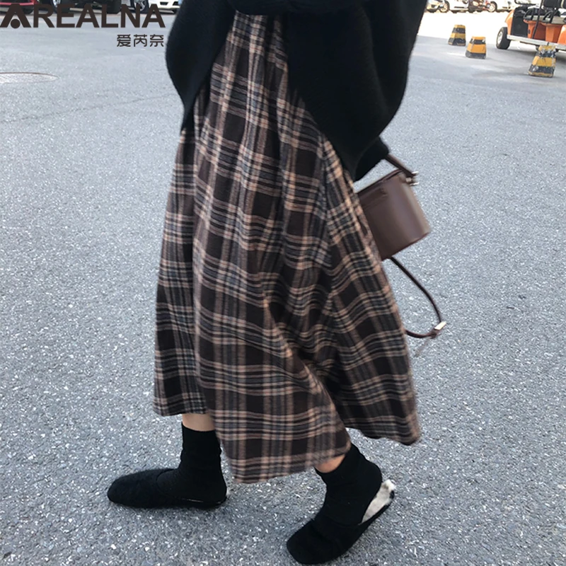 Японские Клетчатые Юбки-миди в стиле Харадзюку осенне-зимние женские юбки с