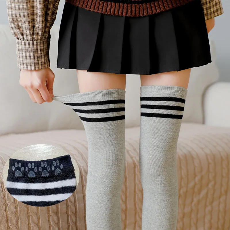 

Spring and Autumn Cotton Over The Knee Stockings Three-bar Striped Student High Stockings All-match Cat Claw Silicone Non-slip