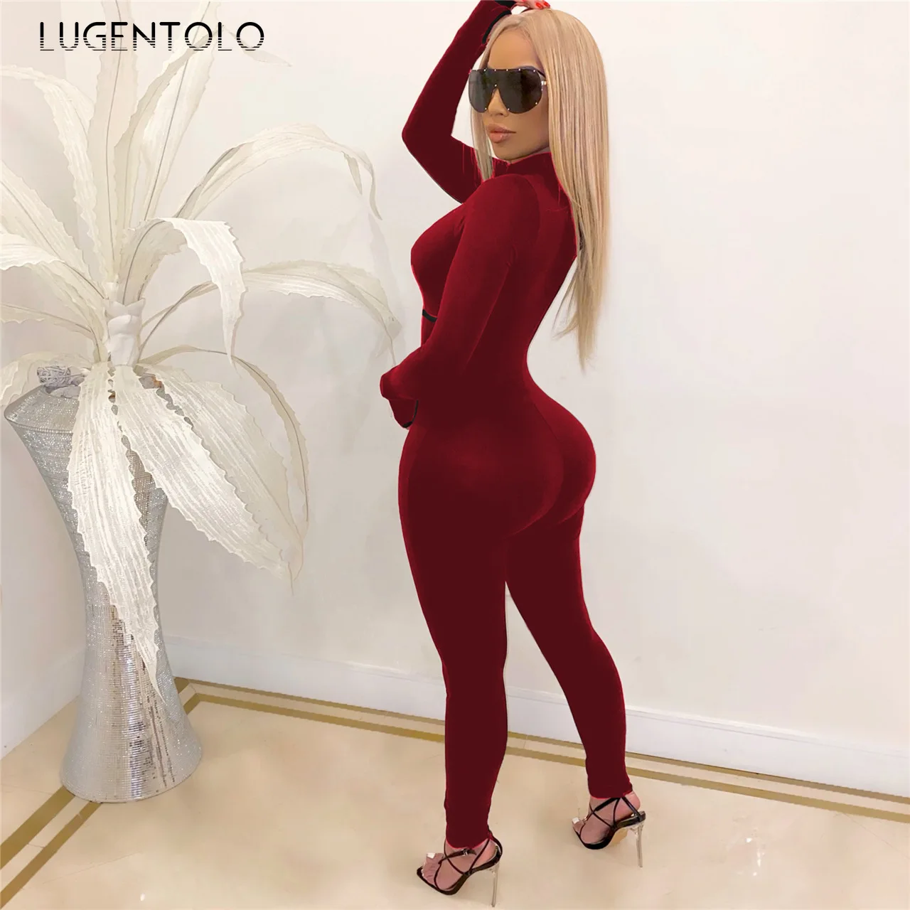 

Lugentolo Women's Jumpsuit Sexy Tight Zippers Sports Long Sleeve Casual Jumpsuit Female Fashion Slim Jumpsuits