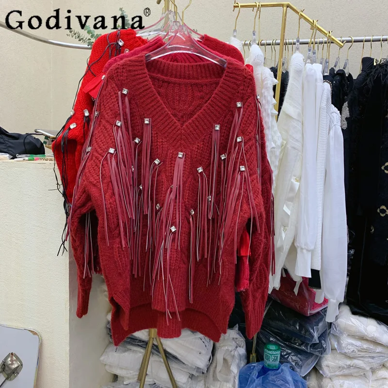 

Женский кашемировый свитер с V-образным вырезом, красный Свободный теплый вязаный джемпер с бусинами и бахромой в уличном стиле, Осень-зима ...