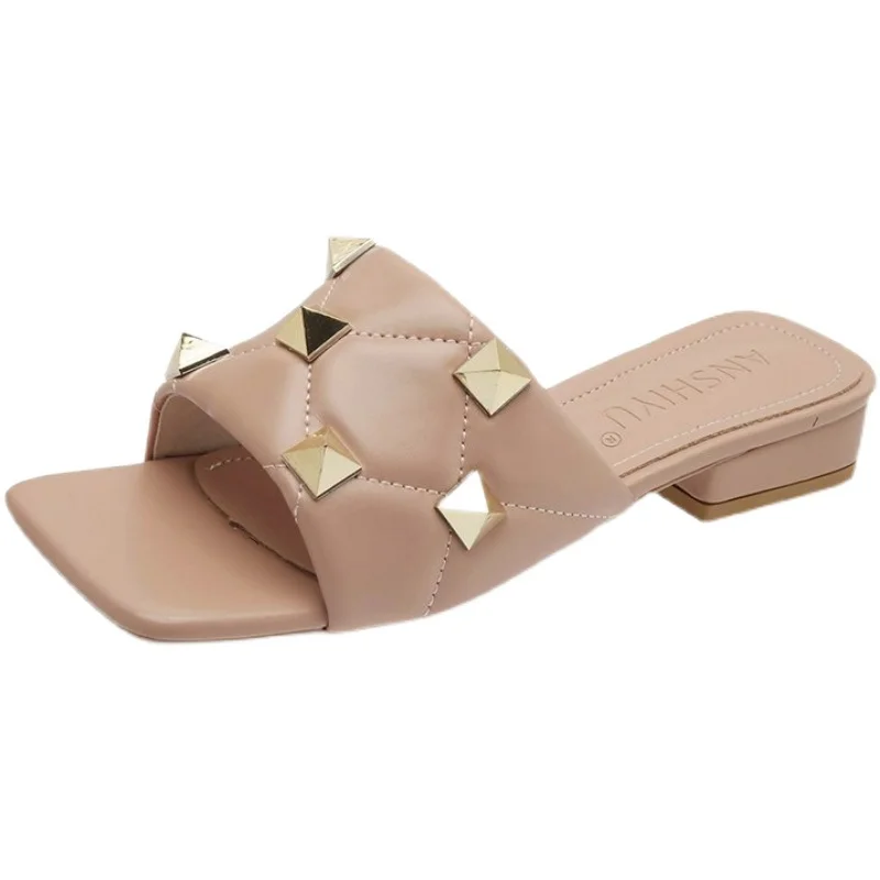 

Female Shoes Womens Slippers Outdoor Luxury Slides Square heel Low 2021 Designer Block Rubber Hoof Heels Rome PU Fashion
