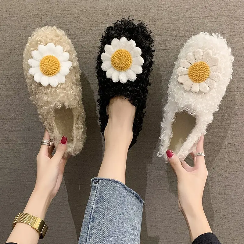 Туфли женские меховые на плоской подошве, Повседневная Уличная теплая плюшевая обувь, туфли с цветочным узором, Роскошные, на осень-зиму