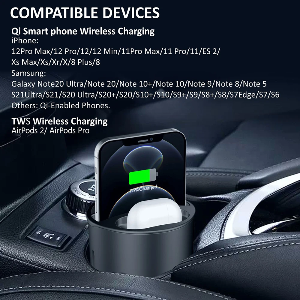 bonola car wireless charger cup for iphone 12xs811airpods 2pro wireless car chargers cup for samsung s21s20note 10 plus free global shipping