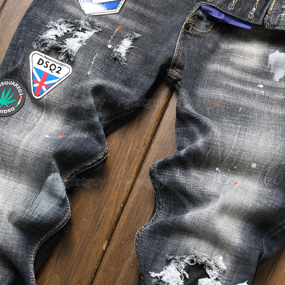 

European American Style New Men's Slim Stretch Jeans Blue Black Ripped Hole Badge Patch Denim Pants Streetwear Male Clothing