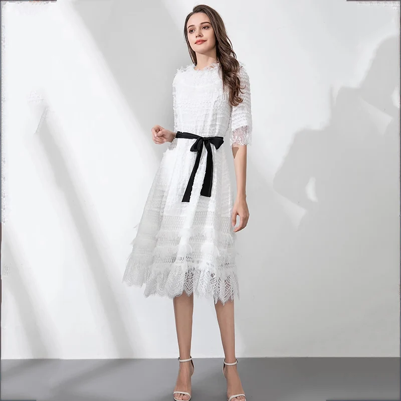 MIUXIMAO 2022 New Spring Women's Clothing O-Neck Short Sleeve Slim Waist Woolen Dress Fashion Elegant Casual Style