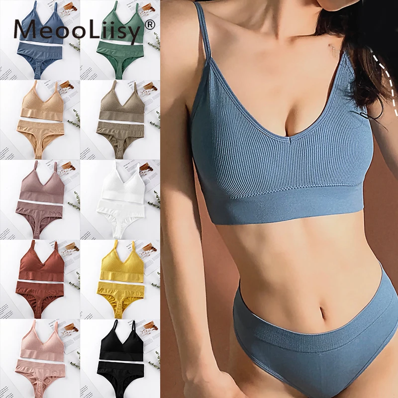 

MeooLiisy French Beauty Back Bra Set for Women Thin Cup No Wire Bralette Sexy Push UP Female Vest Bra and Panties Set