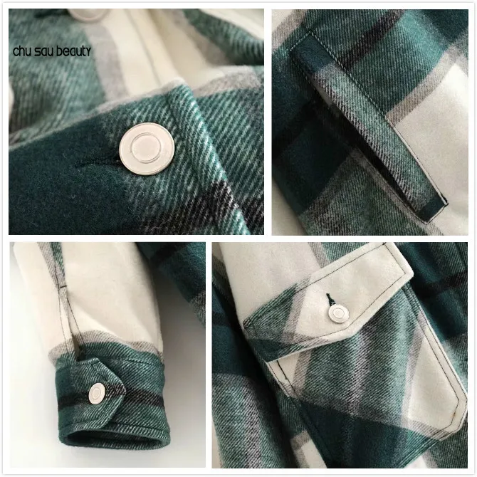

Women Green Plaid Jacket Coats Vintage Pockets Long Oversized Coat Autumn Winter Casual Loose long sleeve Outerwear Chic Tops