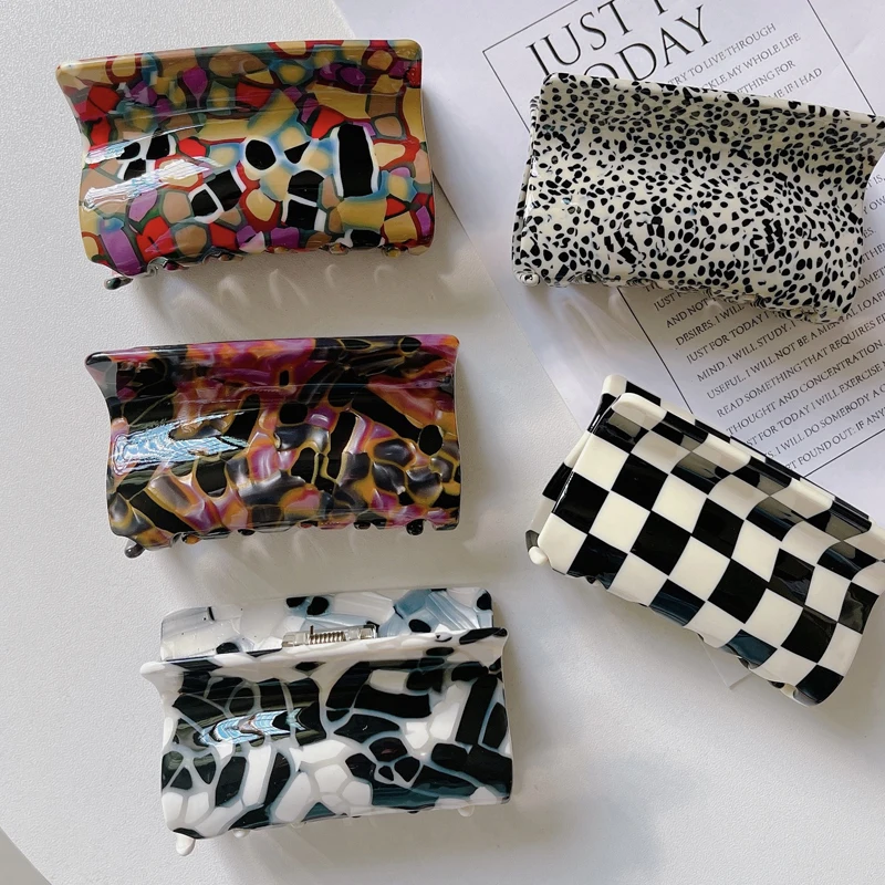 

Vintage Irregular Rectangle Multicolor Lattice Acetate Bath Hair Large Claw Clip Ponytail for Women Hair Accessories